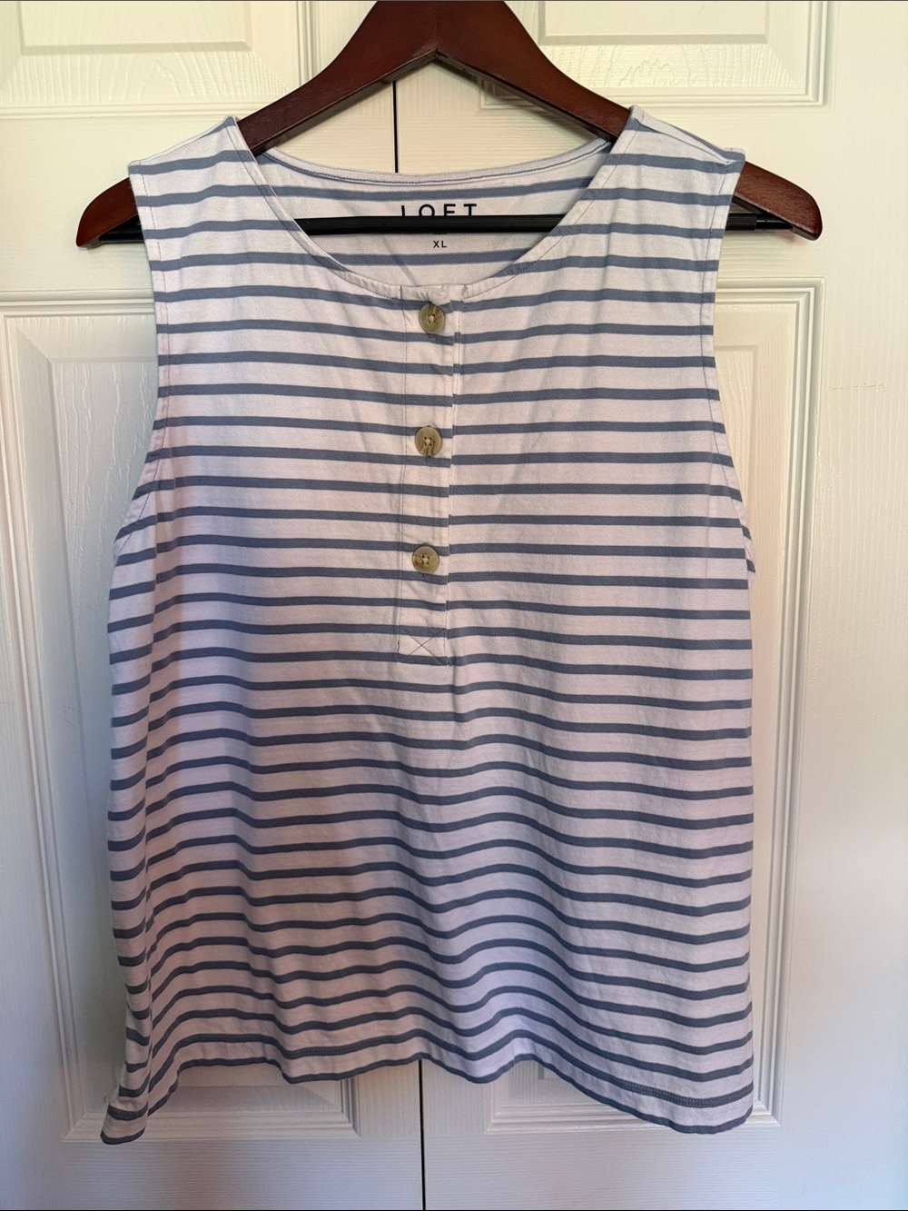 LOFT White and Light Blue Striped Sleeveless Button Tank